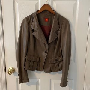 Gray leather biker jacket. Tough vibe but so soft!